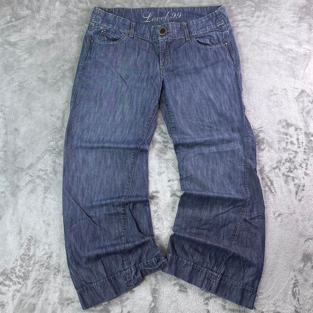 Level 99 Women’s Low Rise Wide Leg Flare Jeans Size 29 Dark Wash Raw Hem Y2K